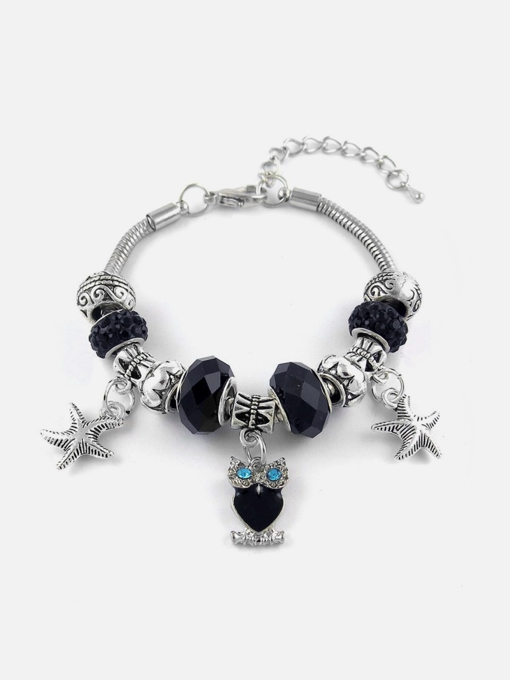 Silver Black Swarovski Crystal & Murano Bead Owl & Star Charm Bracelet